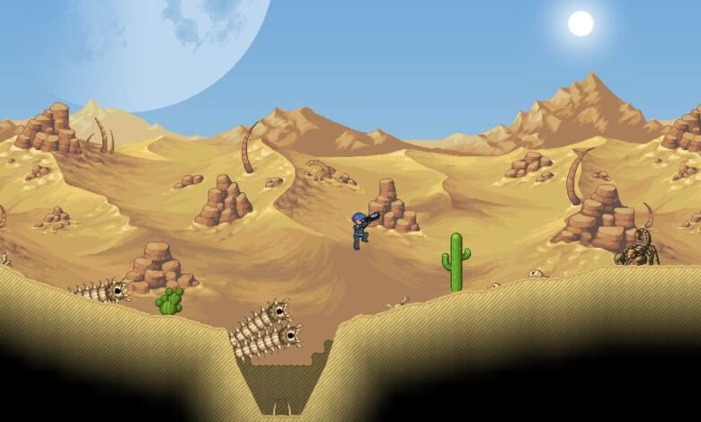 Pixel art character with a gun in a desert landscape with cacti and alien-like creatures.