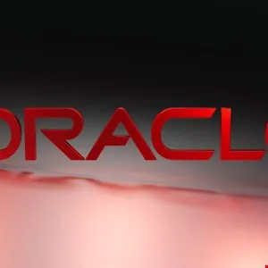 The Oracle logo in bold red 3D letters on a reflective surface.