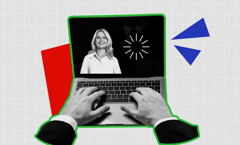 Hands typing on a laptop with a video call loading on the screen.