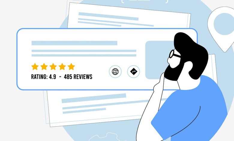 Man looking at a business listing with a 4.9 rating and 485 reviews.