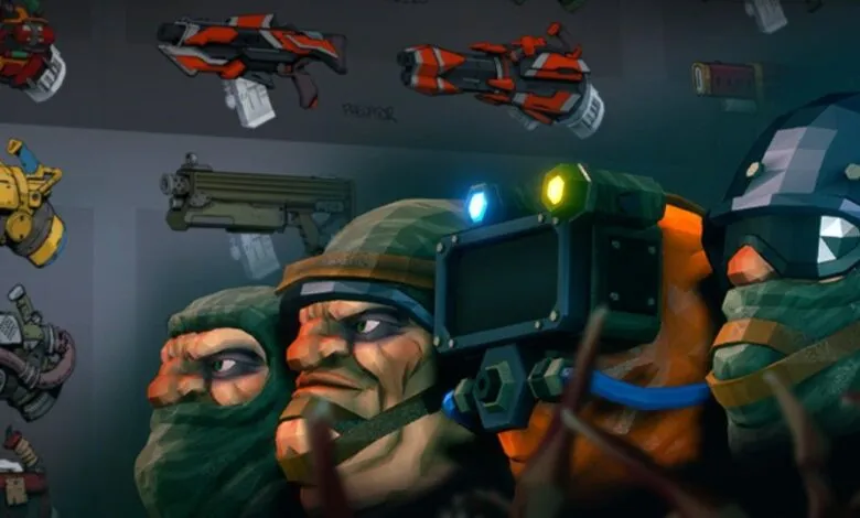 Three stylized dwarf miners in military gear, holding futuristic weapons.