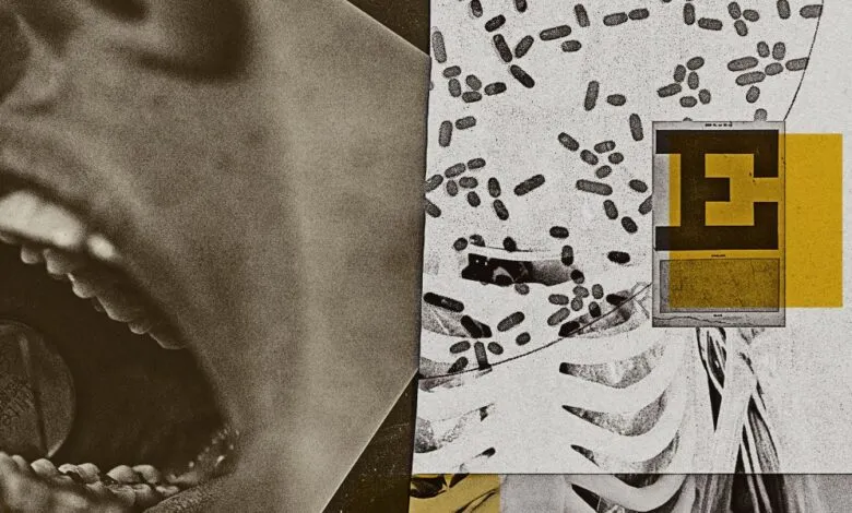 Close-up of a mouth with a dental mirror, juxtaposed with medical imagery like pills and a skeleton.