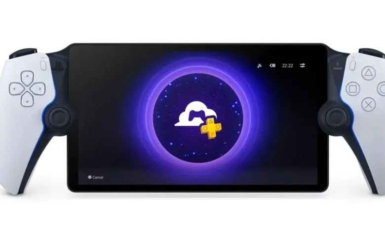 PlayStation Portal handheld gaming device with DualSense controllers attached.