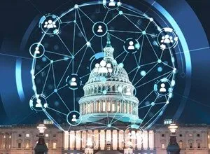 Digital network overlay on the U.S. Capitol Building at night.