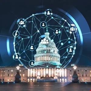 Digital network overlay on the U.S. Capitol Building at night.