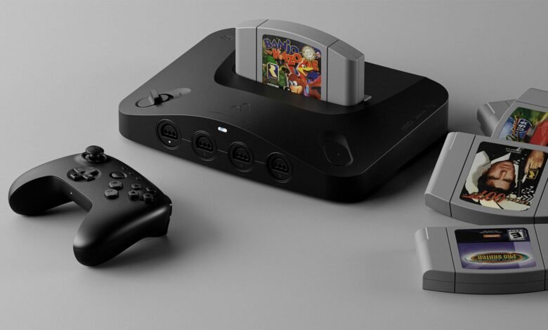 Black Nintendo 64 console with controller and game cartridges.