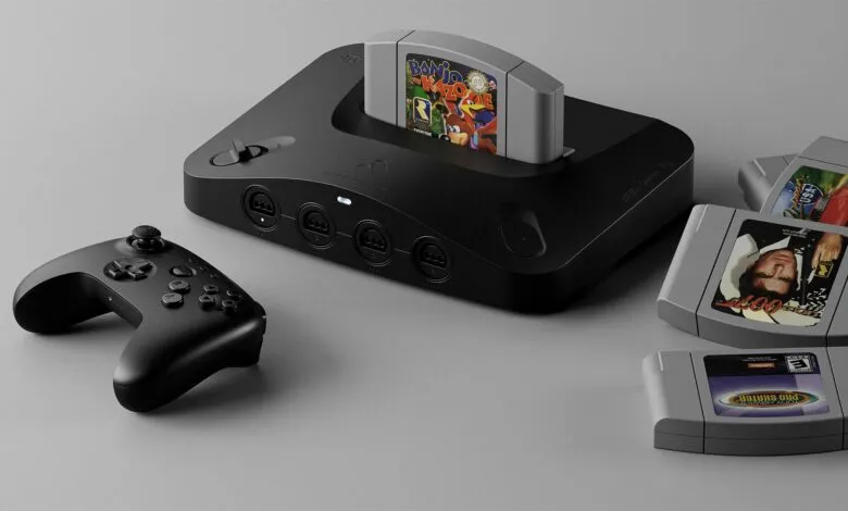 Black Nintendo 64 console with controller and game cartridges.