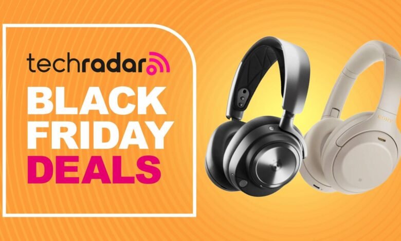 TechRadar Black Friday deals ad featuring black and white Sony headphones.