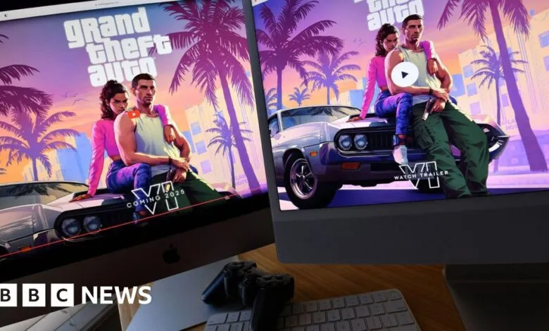 Two computer screens displaying the Grand Theft Auto VI trailer with a couple posing on a car.
