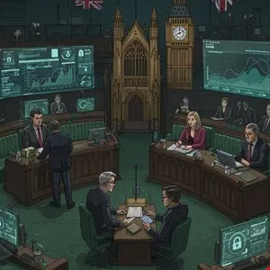 Illustration of a parliamentary chamber with digital screens displaying data and security symbols.