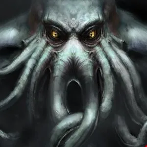 Close-up of a monstrous, tentacled creature with glowing yellow eyes.