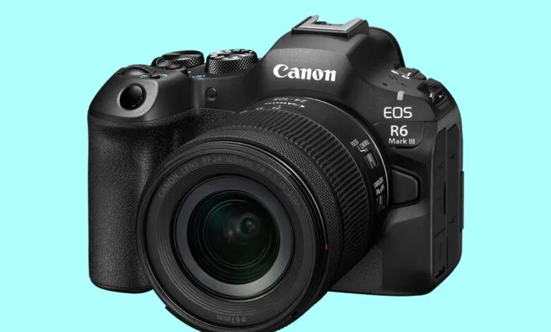 Black Canon EOS R6 Mark III mirrorless camera with a 24-105mm lens.
