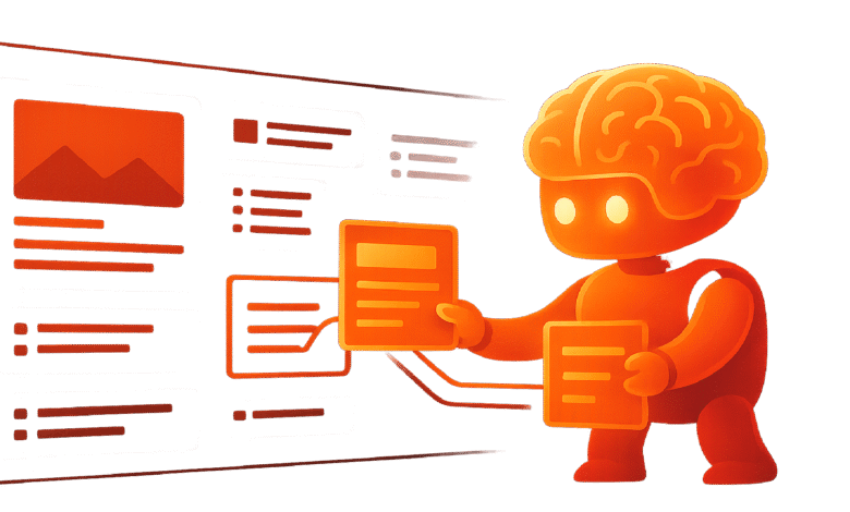 Orange robot with brain holding documents against abstract background.