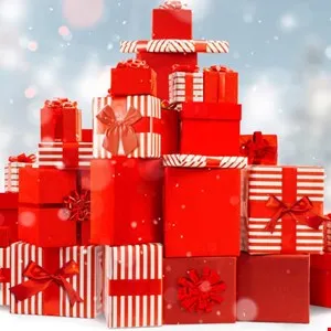 Stack of red gift boxes arranged in a Christmas tree shape with snow effect.