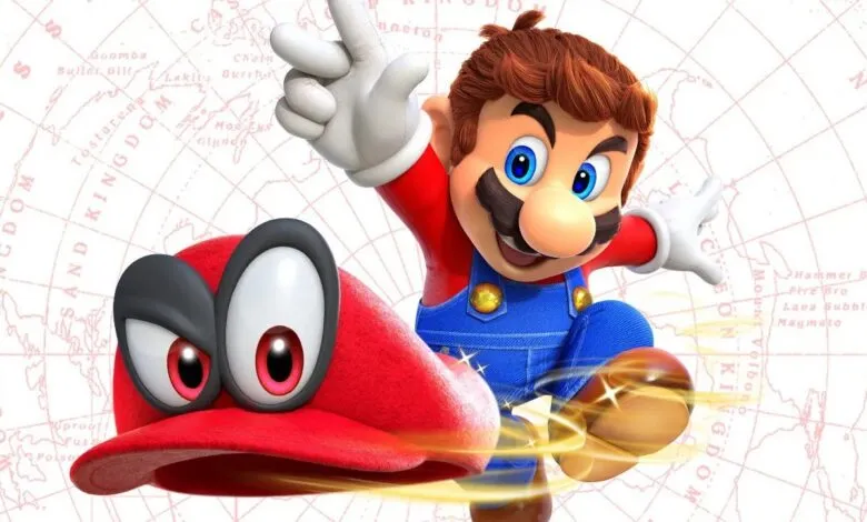 Mario leaps with Cappy against a map background, ready for adventure.
