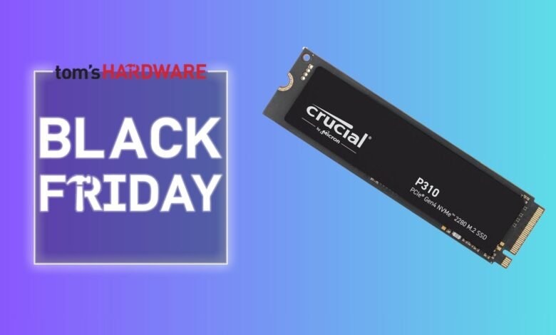 Crucial P310 NVMe SSD on a Black Friday sale background.