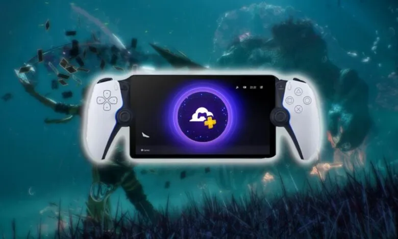 PlayStation Portal handheld console displaying cloud save icon against underwater game scene.