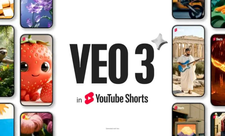 VEO 3 logo with YouTube Shorts branding and various short video previews.