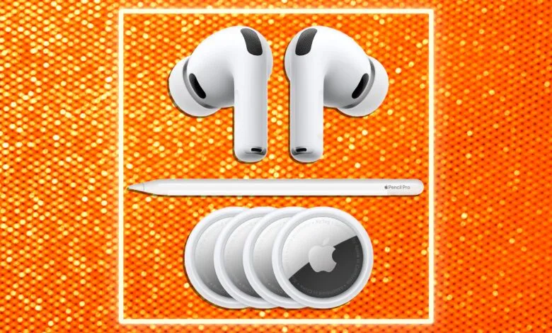 Apple products: AirPods Pro, Pencil Pro, and AirTags on glittery orange background.