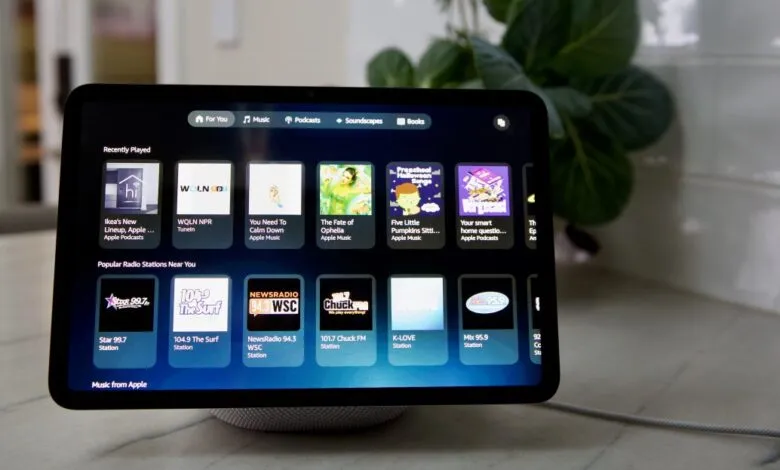 Tablet displaying Apple Music interface with podcasts and radio stations
