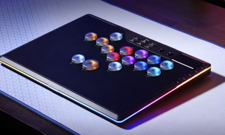 Corsair gaming controller with illuminated buttons and RGB lighting.