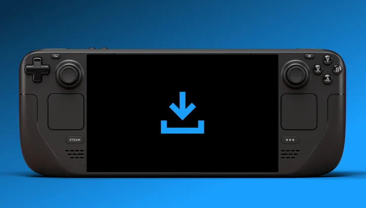 Black handheld gaming device with a blue download icon on its screen.