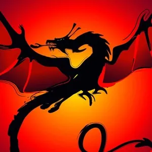 Silhouette of a black dragon with wings spread against a fiery orange and red background.