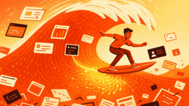 Man surfing a digital wave of code and UI elements, representing digital marketing.