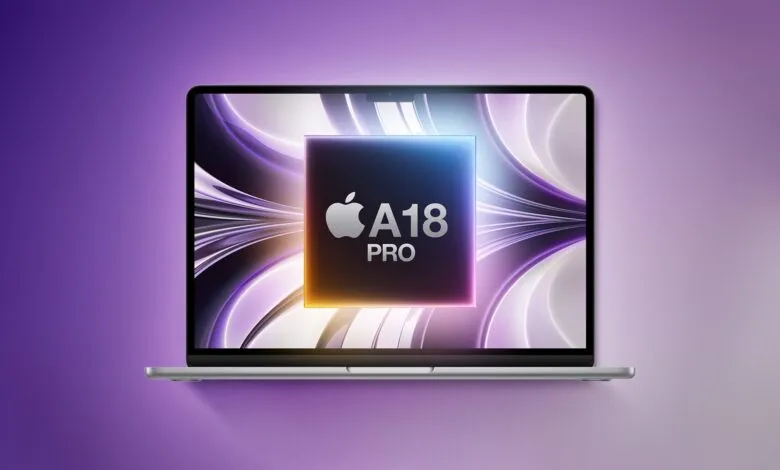 Laptop screen displaying the Apple A18 Pro chip logo against a purple background.
