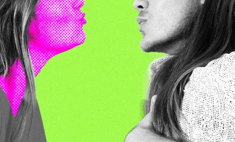 Close-up of two people's faces in profile, one with pink halftone effect, against a bright green background.
