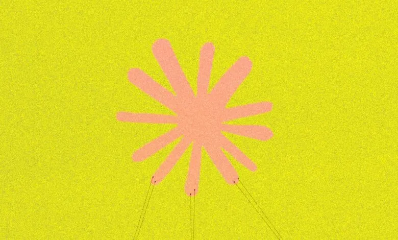Abstract pink starburst shape with thin black lines extending downwards on a textured yellow background.