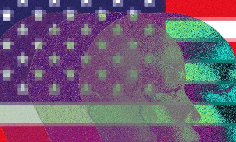 Silhouette of a head overlaid with pixelated American flag and glitch effects.