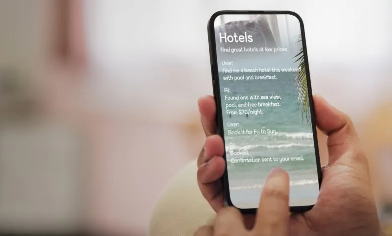 Person using a smartphone to book a hotel with AI assistance, showing a beach view.