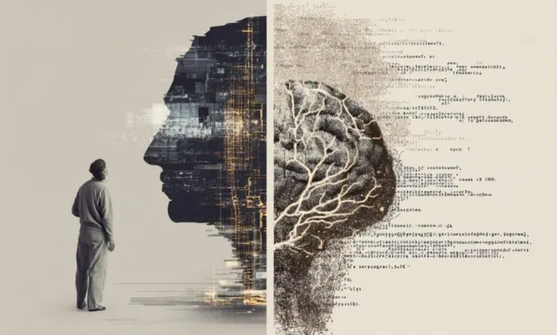 Silhouette of a human head split between digital data and a detailed brain illustration.