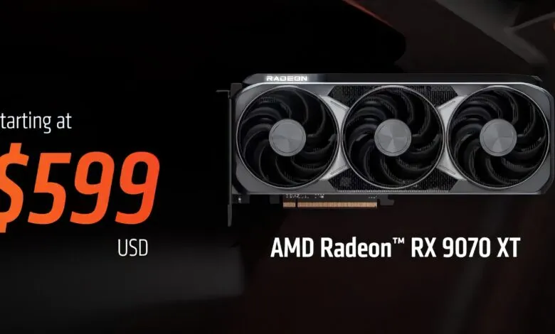 AMD Radeon RX 9070 XT graphics card with three fans, priced at $599 USD.