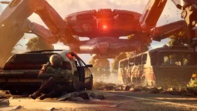 A soldier crouches behind a car, aiming a rifle at a giant, menacing spider-like robot hovering overhead.
