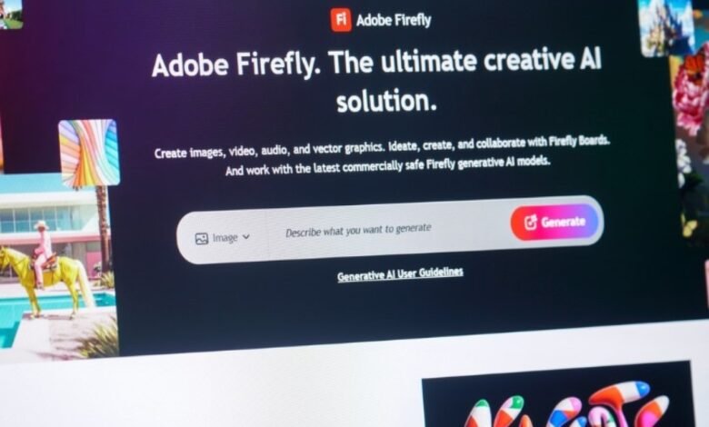 Screenshot of Adobe Firefly AI interface with text input field and generate button.