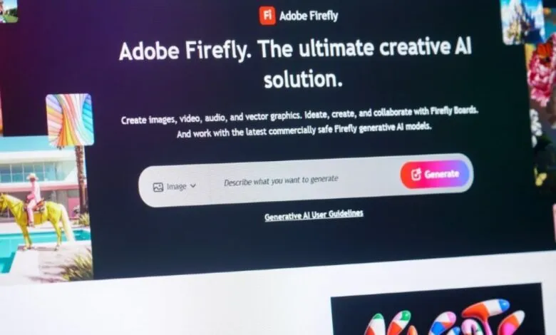 Screenshot of Adobe Firefly AI interface with text input field and generate button.