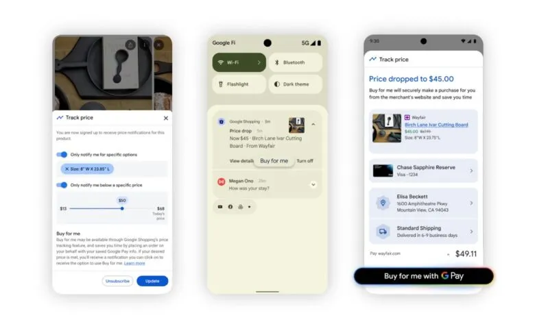 Three phone screens showing Google's price tracking and 'Buy for me' feature for online shopping.
