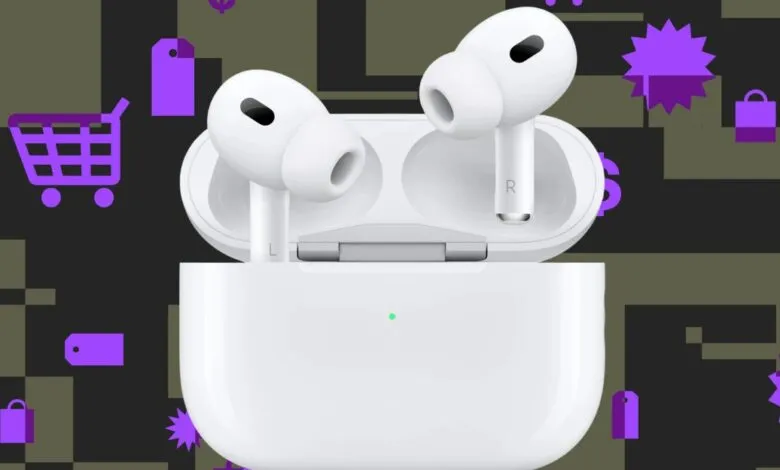 White Apple AirPods Pro 2 earbuds in their charging case with shopping icons.
