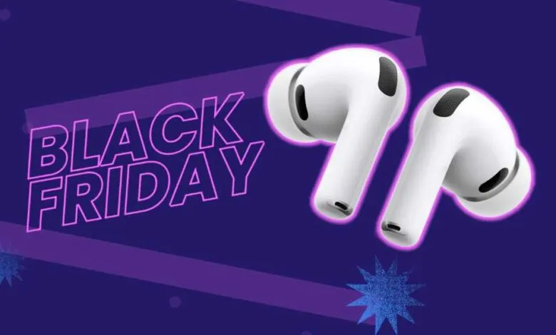 AirPods Pro on a Black Friday promotional background.