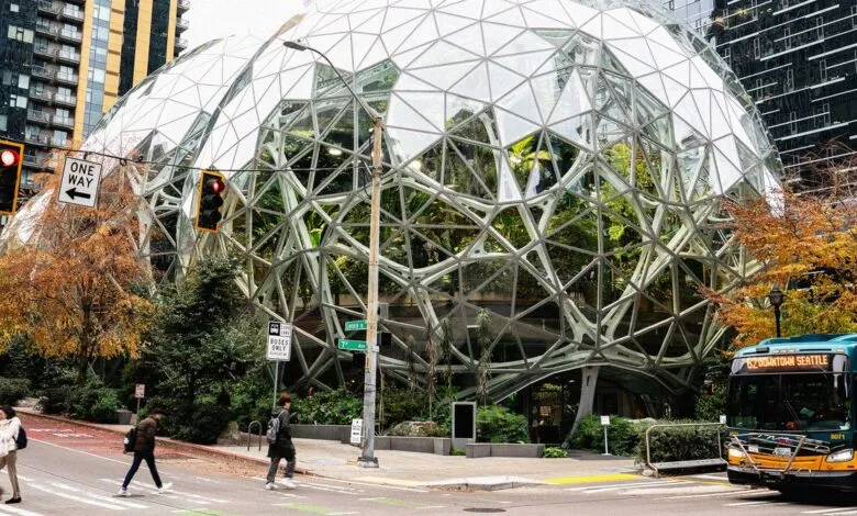 The Amazon Spheres in Seattle, a unique glass and steel structure filled with plants.