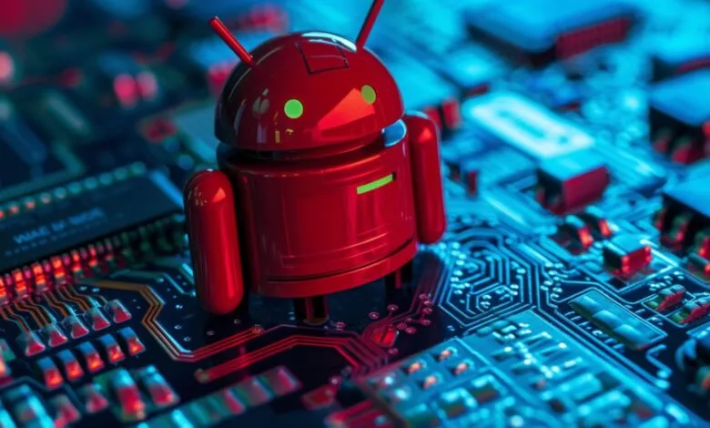 Red Android robot mascot standing on a circuit board with glowing green eyes.