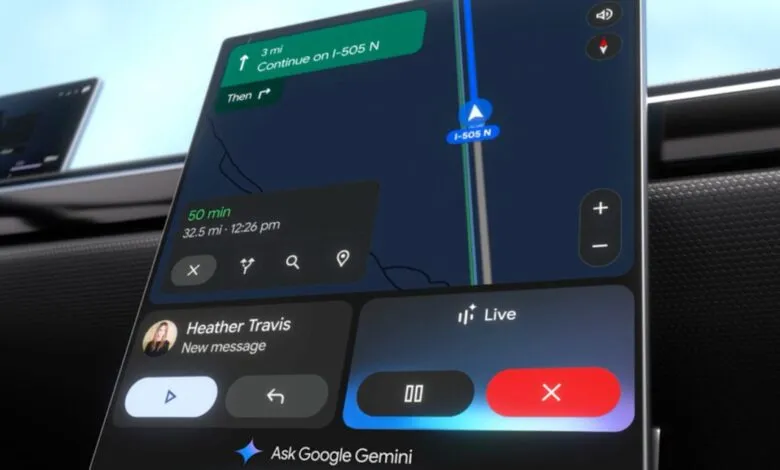 Android Auto interface displaying navigation and communication features.