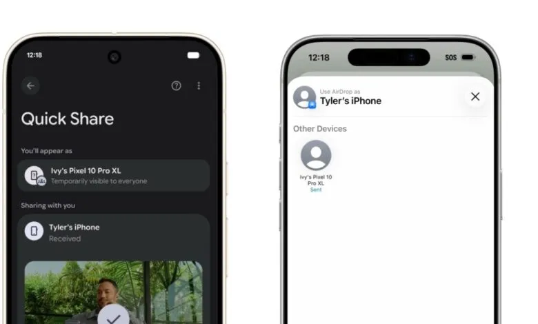 Two smartphones side-by-side showing file sharing interfaces: Quick Share on Android and AirDrop on iOS.