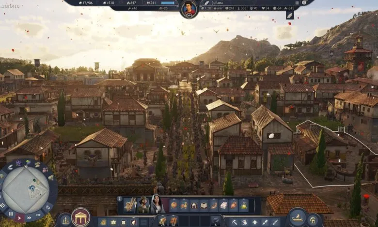 A bustling Roman city street with buildings, people, and falling petals.