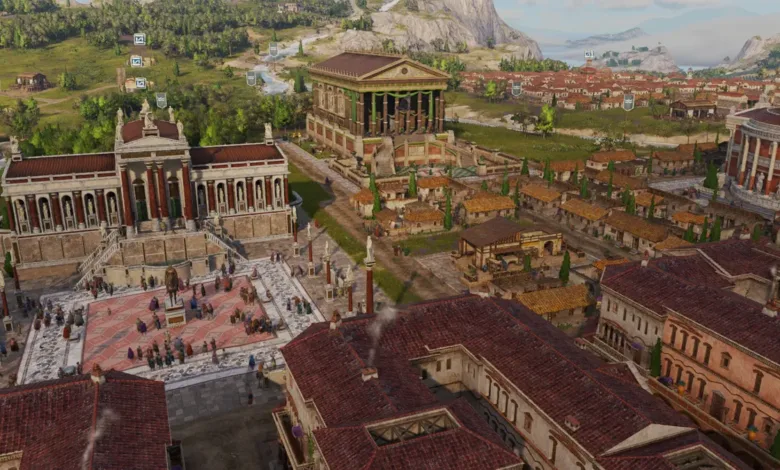 Aerial view of a bustling ancient Roman city with grand architecture and lush green hills.