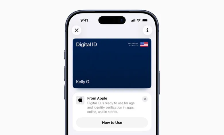 iPhone screen displaying a digital ID card in Apple Wallet.