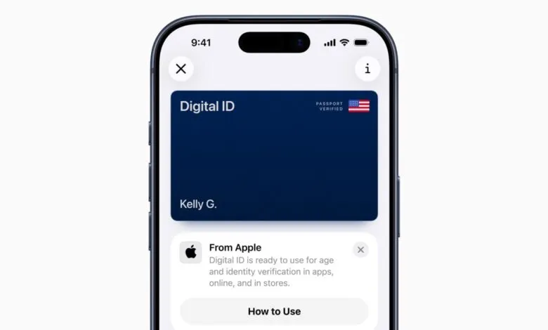 iPhone screen displaying a digital ID card in Apple Wallet.