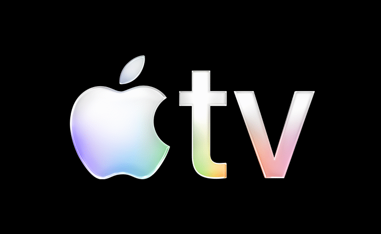 Apple TV logo with rainbow gradient on a black background.